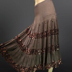 Y2K Tango Mango Full Swing Midi Peasant Skirt size M Brown Sequined Fairy Grunge